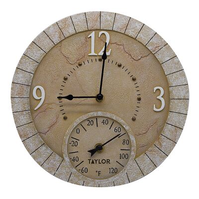 Taylor Terra Cotta Poly Resin Indoor and Outdoor Clock and Thermometer, 14 In...