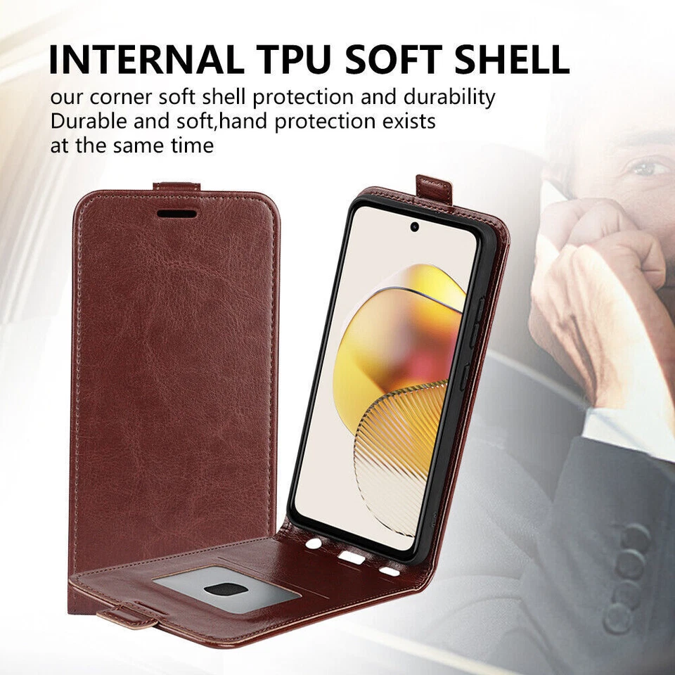 Funda tipo billetera de cuero magnética abatible vertical arriba y abajo para teléfono Motorola Foto 3 de 4