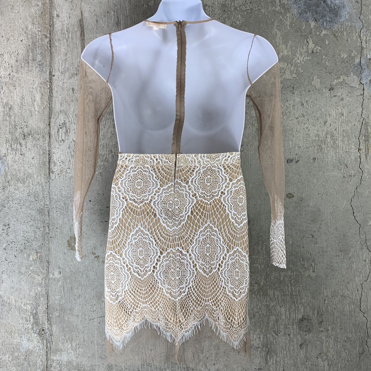 Luxxel Size Medium Dress White Lace Cream Mesh Sheer Long Sleeved Short  Length | eBay