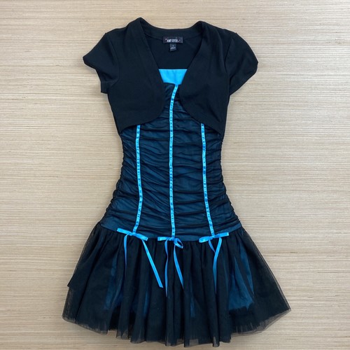 Amy Byer Dress Girls Sz 7 Black Blue Ruffle Sheer Bows Strips Short Tutu