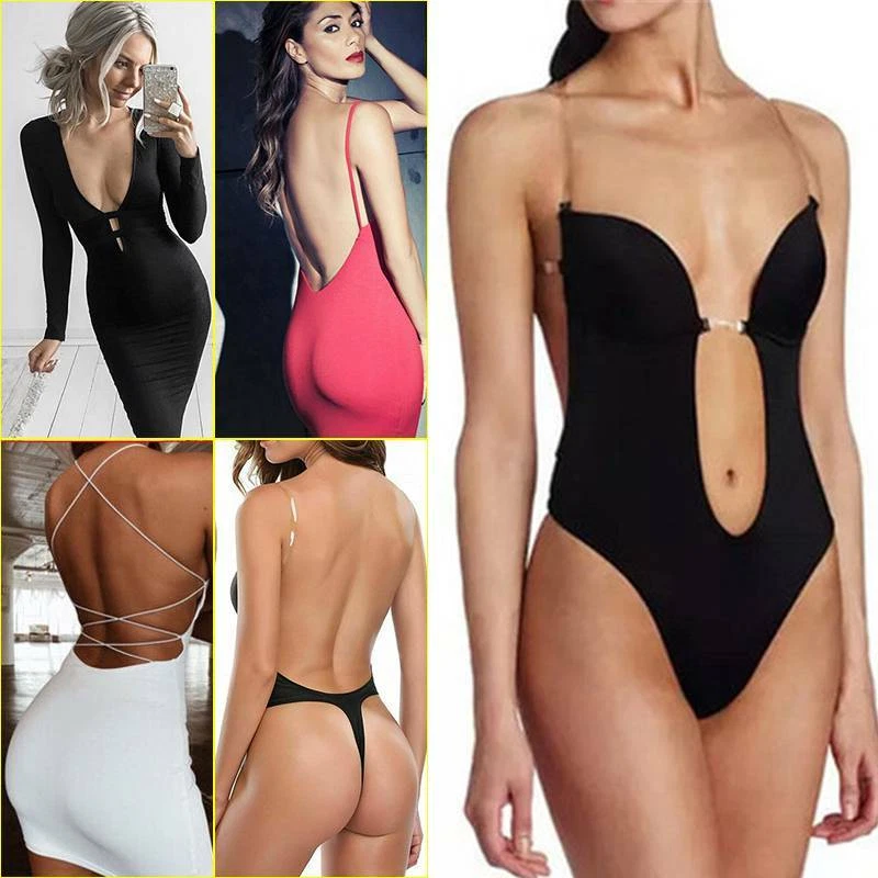 Women Backless Push Up Bra Bodysuit Invisible Thong Convertible