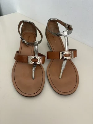 COACH Ines Metallic T-Strap Low Wedge Sandals Tan Silver Womens US 8.5 B UK 6.5 - Image 1 of 4