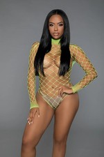 New Sexy Women's Neon Green Long Sleeve Fishnet Stretchy Teddy Bodystocking