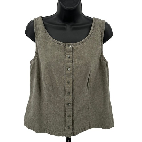 Eddie Bauer Tank Top WMNS M Olive Green Button Up Linen Blend Round Neck Summer