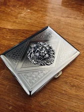 Lion Head Cigarette Case, Antiqued Silver Chrome Metal Wallet Stash Box