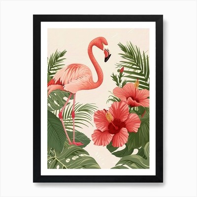 Gerahmtes Wandbild Poster Leinwanddruck Bild Kleiner Flamingo und Hibiskus Minima