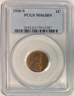 1936-S Lincoln Cent (Wheat Penny), PCGS MS-63 BN