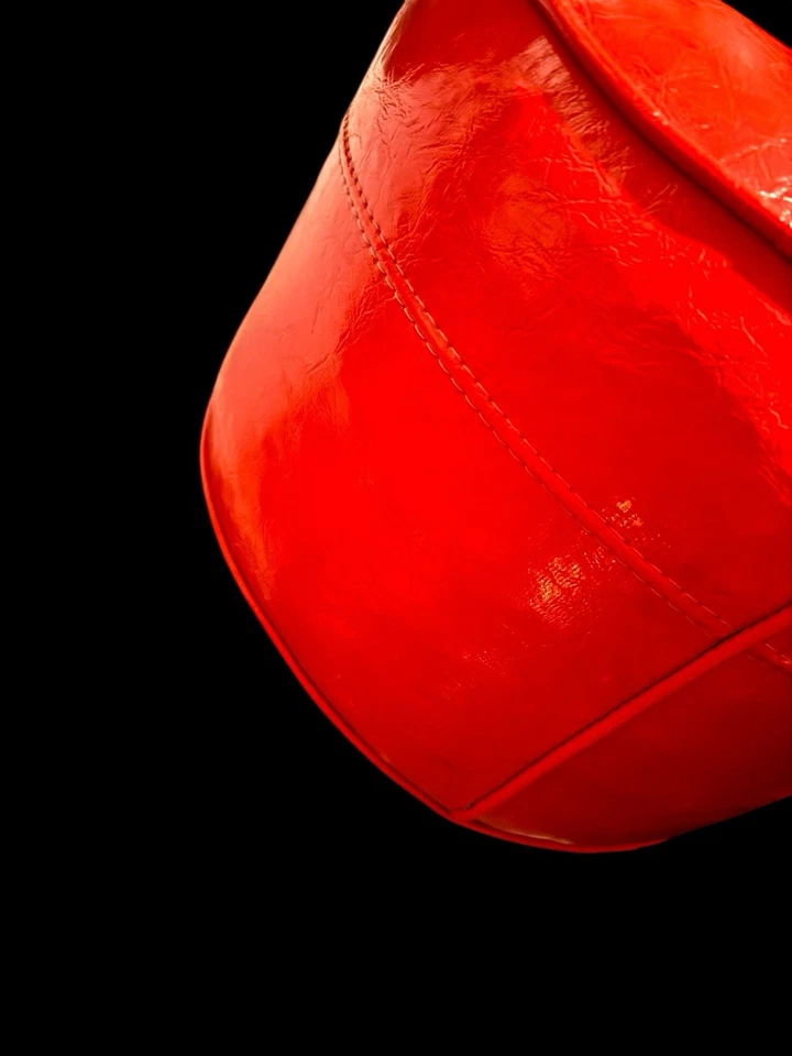 Antique VTG 60's Footstool Ottoman Mid Century Modern Round Shiny Red Pouf - Image 2 of 4