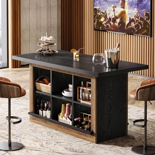 Kitchen Island with Storage 62.6" Farmhouse Table with 6-Cubby Open Shelves