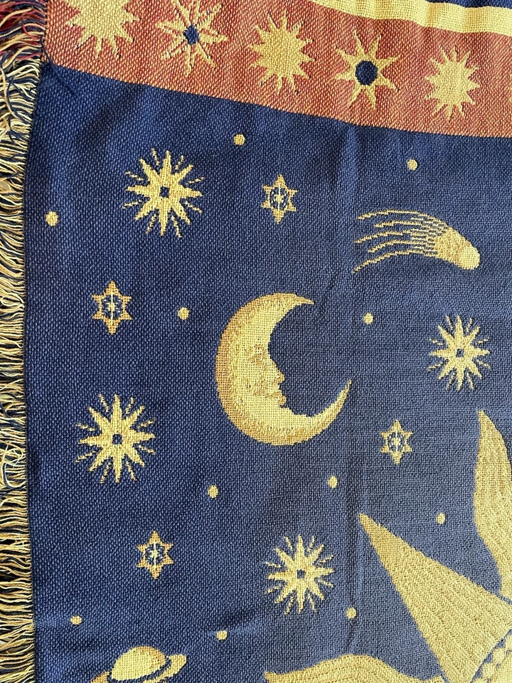 Vintage 90s Celestial Sun Moon & Stars Throw Blanket Tapestry Cosmos Whimsigoth - Image 2 of 4