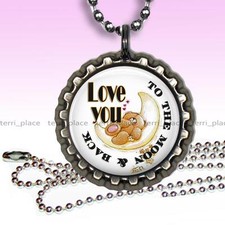 Love You to the Moon  Back Bear Children's Bottle Cap Necklace  24" Chain