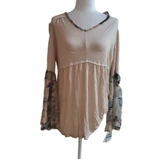 Style & Co. Top Beige XL Floral Print Bell Sleeve Babydoll Tunic Top Womens New