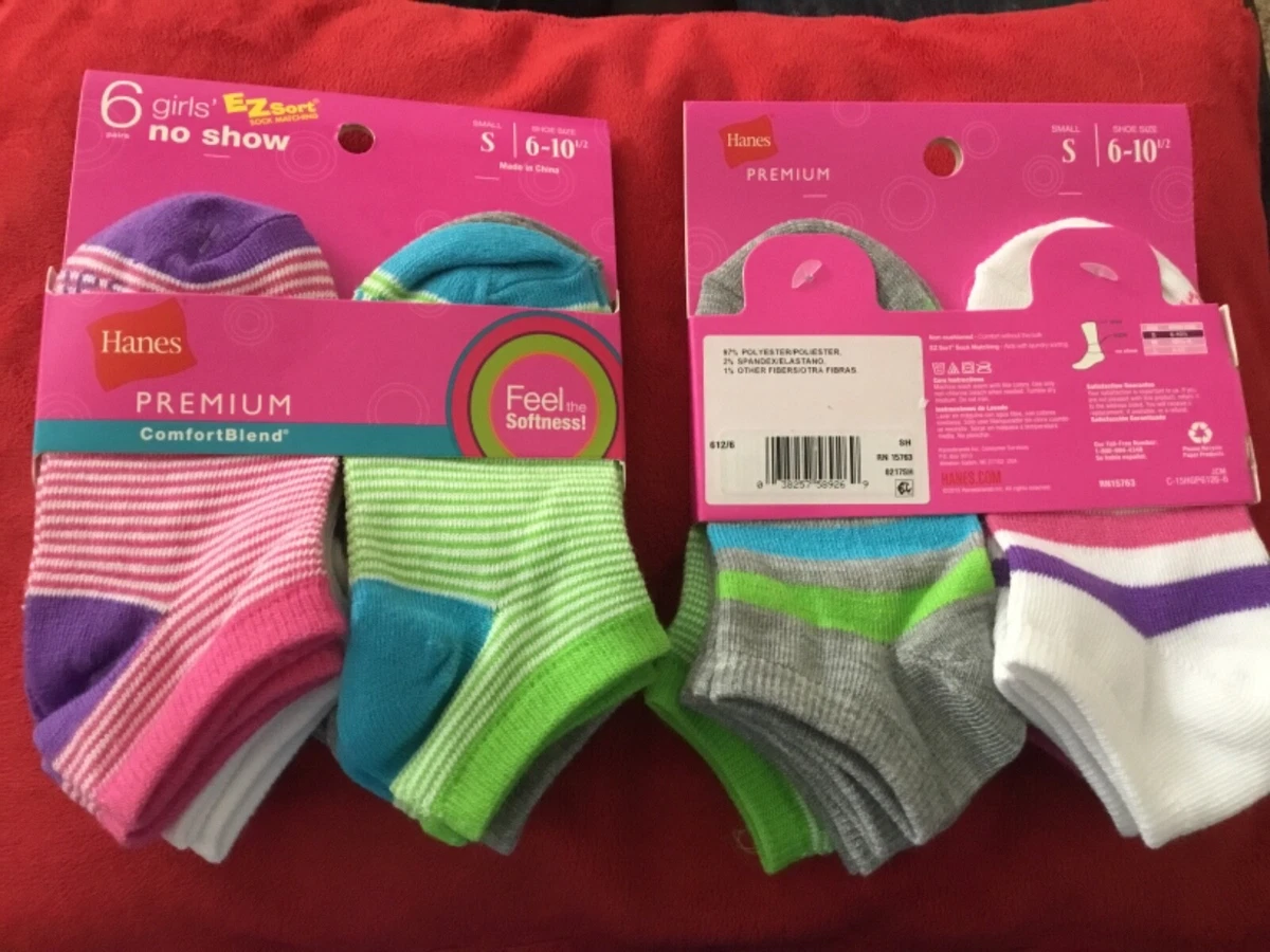 NEW Girls Hanes Premium 12 pr EZ Sort No Show Socks S 6 10.5