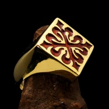 DIAMOND SHAPED MENS BRASS KNIGHT RING FLEUR DE LIS CROSS SYMBOL ORANGE SIZE 10.5