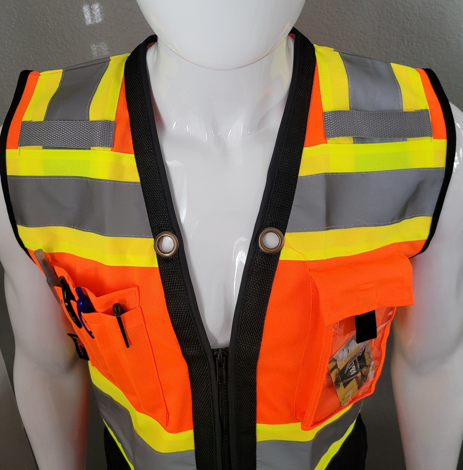 Tri Color orange High Visibility Safety Vest With ID pocket Mesh In the