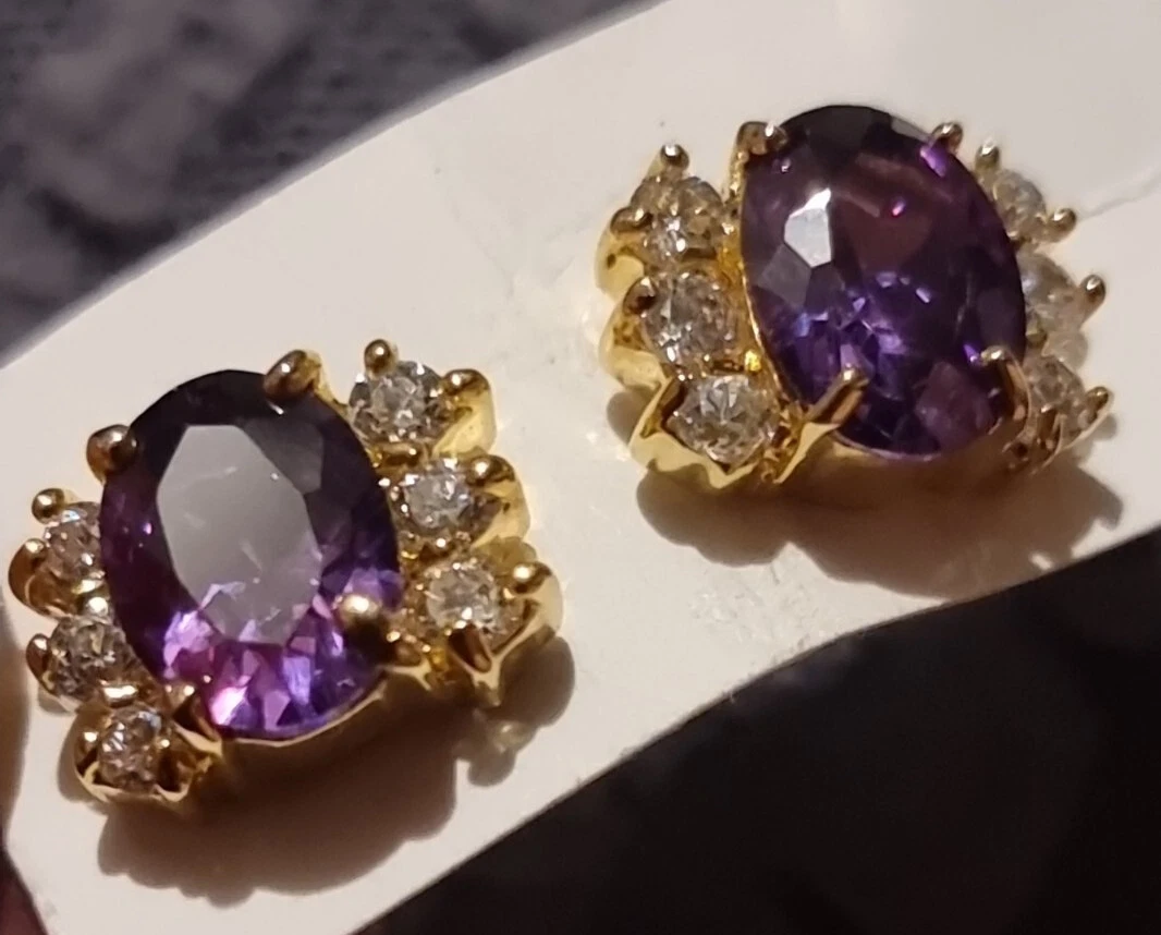 Stunning amethyst heavy gold plated diamond simulant stud earrings