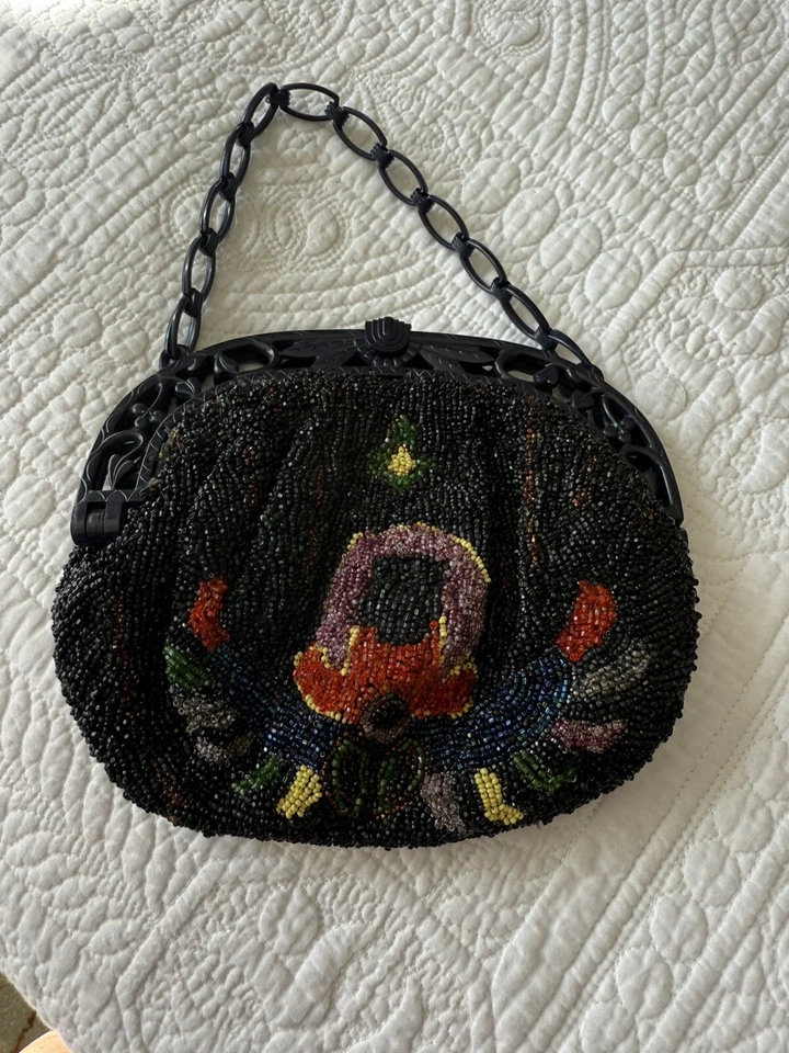 1930s ART DECO Hand Beaded Evening Bag. Bakelite Frame & Chain. USA, Antique - Image 2 of 4