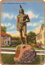 METAL SIGN - Massachusetts Postcard - Statue of Massasoit, Plymouth, Mass.