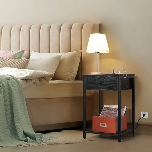2 Tier End Table Nightstand w/ Charging Station Storage Drawer for Bedroom Black - Picture 3 of 7