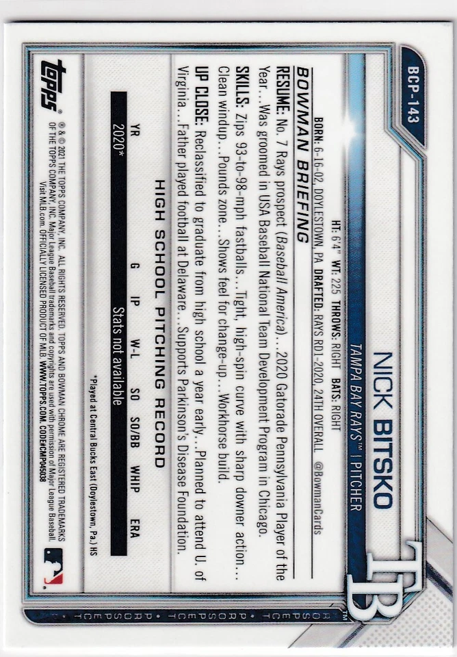 2021 BOWMAN CHROME SAPPHIRE RC NICK BITSKO TAMPA BAY RAYS ROOKIE Z1268 - Image 2 of 2