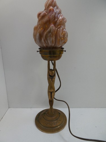ART DECO BRASS DIANA NAKED LADY STATUE LAMP GLASS PINK FLAME LIGHTSHADE - Picture 2 of 16
