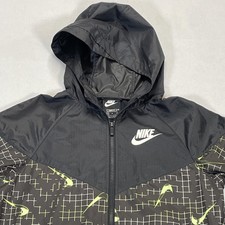 Nike Jacket Boys 18-20 XL Black Hooded Windbreaker Swoosh Neon Print Graphic