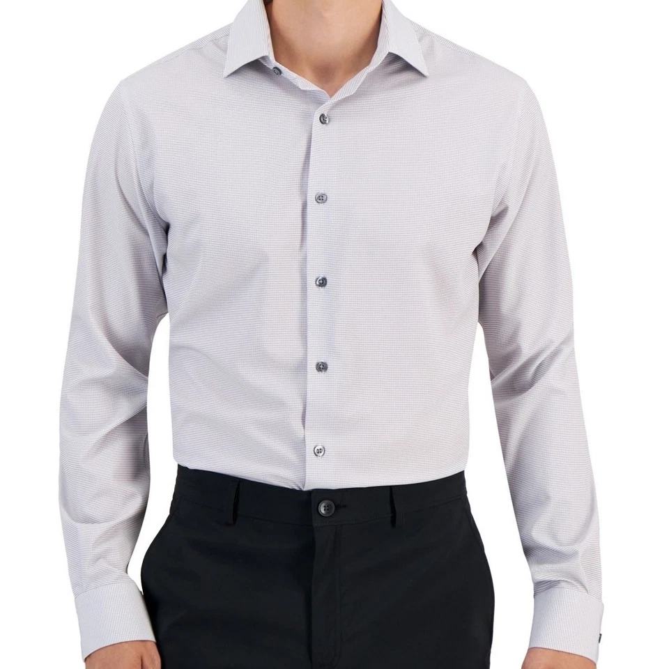 Camisa de vestir Alfani para hombre ajustada con estampado de tablero blanca gris 15-15,5 32-33 $65 Foto 2 de 4