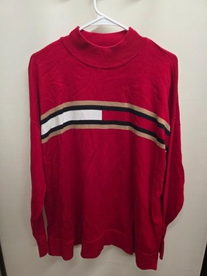 Tommy Hilfiger Sweater Mens XL Red Mock Neck Striped Knit Pullover Classic