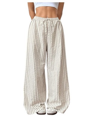 Womens Striped Wide Leg Casual Pants Oversized Drawstring Baggy Trousers