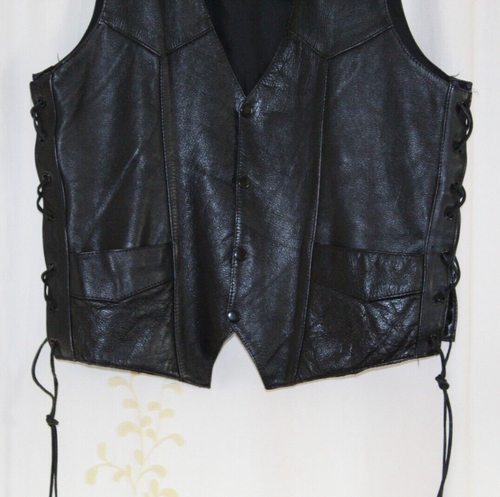 First Genuine Leather Black Snap Side Lace Motorcycle Vest Men's 42 - Picture 4 of 15