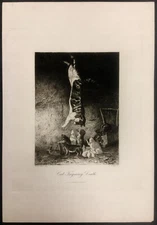 AMERICAN Etching Revival ~ THE TRICKSTER CAT ~ 1886 Peter Moran MUSEUM QUALITY