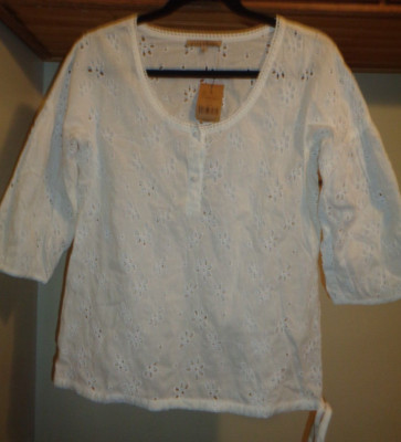 MANOUKIAN SOLID  WHITE EYELET 3/4 SLEEVE  SCOOP NECK BLOUSE   TOP NWT SZ S