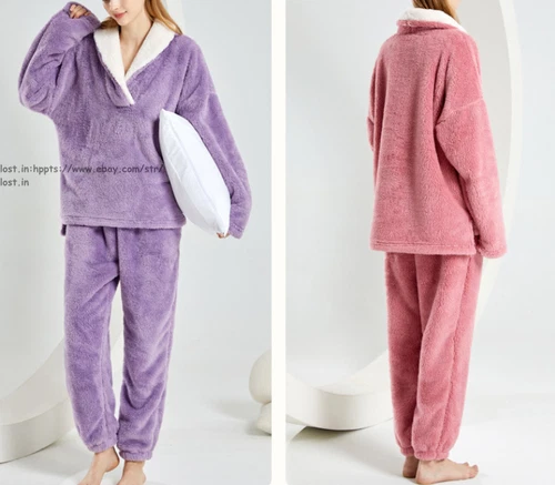 Neu Damen Flauschig Pyjama Set Weich Bequem Fleece Nachtwäsche Winter Flauschig Loungewear - Bild 17 von 28