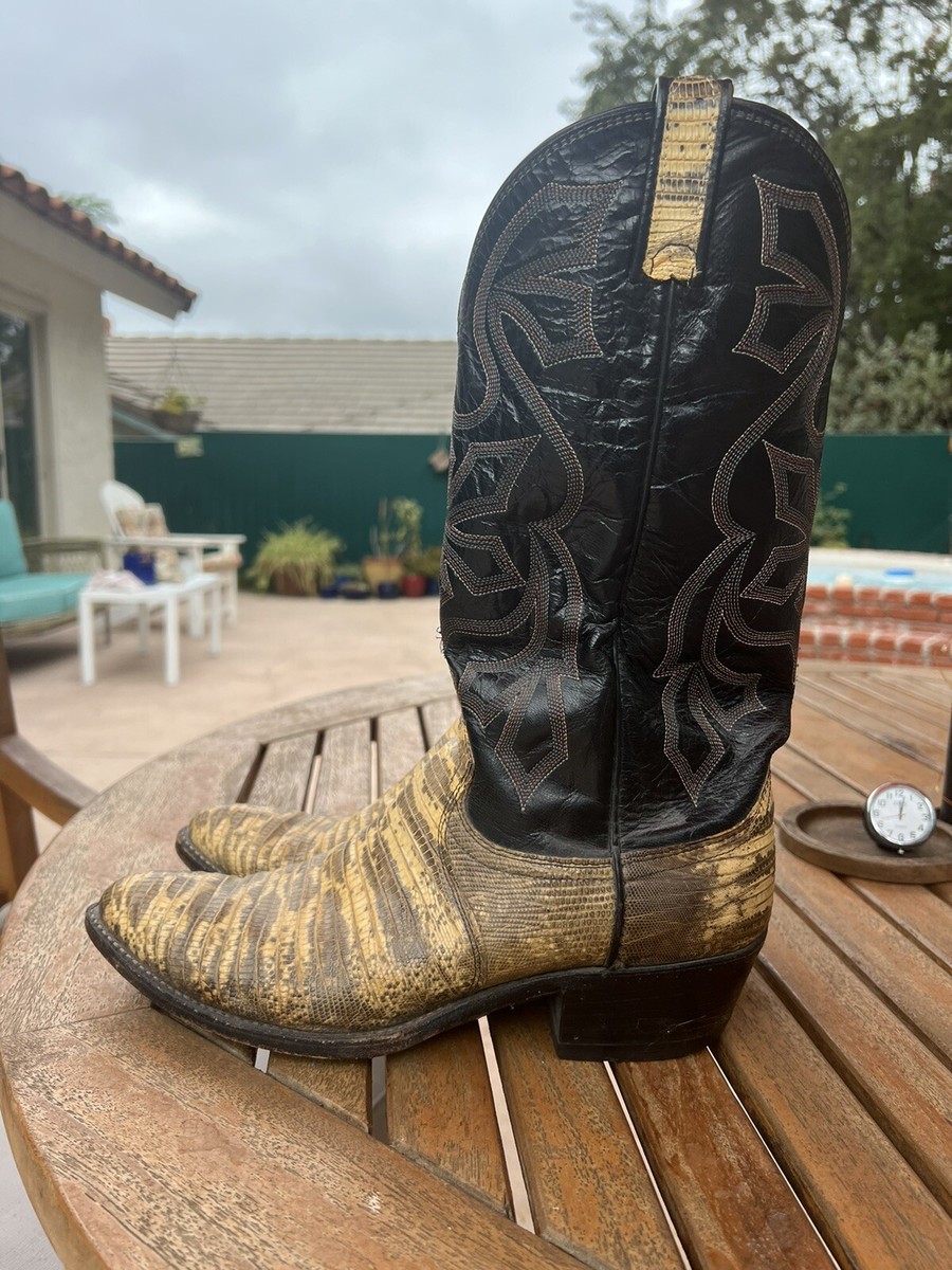 Dan Post Men - Size 9- Black/Cream Teju Lizard Cowboy Boots 