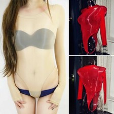 Women's Shiny Glossy One-piece Sheer Jumpsuit High Cut Thong Leotard Bodysuit