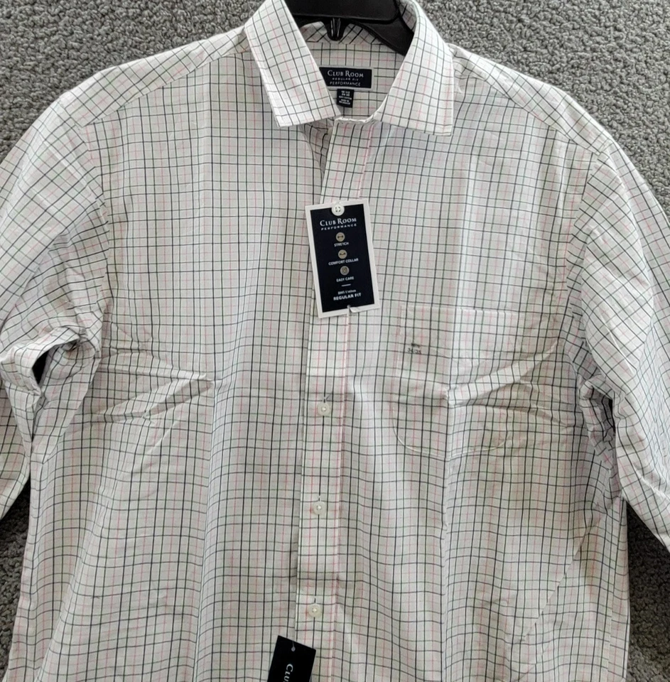 Camisa de vestir a cuadros Club Room ajuste regular Letto para hombre 16,5 34-35 verde/rosa L/S Foto 3 de 4