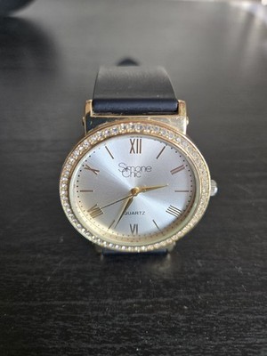 Simone Chic Women s Quartz Watch   Gold Tone Bezel w/ Rhinestones, Black...