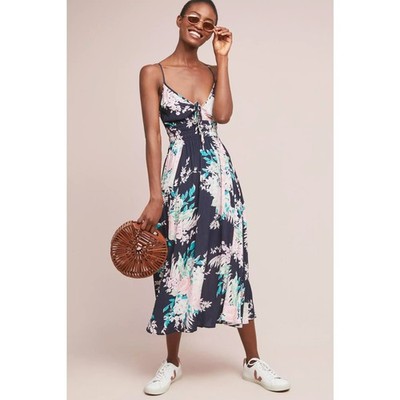 ANTHROPOLOGIE x YUMI KIM Mystic Floral Midi Dress Blue Sz L Petite NWT $218 3J35