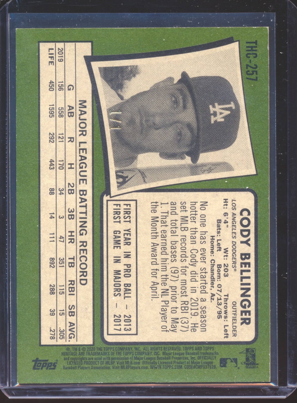 2020 TOPPS HERITAGE CODY BELLINGER #257 SUPERFRACTOR 1/1! view 2