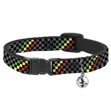 Cat Collar Breakaway with Bell Checker Stripe Black/Gray/Rasta NARROW Fits 8.5-1