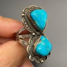 Vintage Navajo Native Turquoise Stampwork Sterling Silver Ring Size 8.25