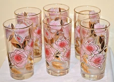 SIX MCM LIBBY LOVELY ROSE FLOWER, GOLD TRIM TUMBLERS, 5 3/4" DRINKING GLASSES