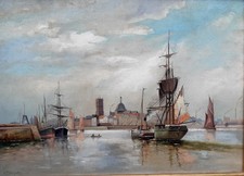 Gemälde: Hafen mit Schiffen Segelschiff Schiffe Hafenstadt Prunkrahmen signiert