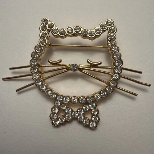 Vtg Costume Gold Tone Clear Rhinestone Cat Kitten Brooch Pin Jewelry Cottagecore
