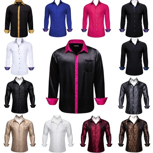 Barry Wang Mens Shirt Satin Plain Paisley Long Sleeve Button Regular Fit Tops