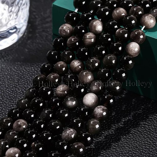 Cuentas sueltas redondas de piedras preciosas de obsidiana de plata natural para hacer joyas 4/6/8/10/12 mm - Imagen 5 de 17