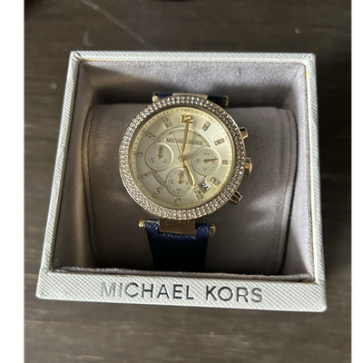 Michael Kors MK-2280 Damen Quarz Chronograph Datum Leder blau Gold 10 ATM Box