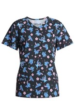 Lilo Stitch Scrub Shirt Womens Small Pockets Black Pink Flowers Disney V Neck