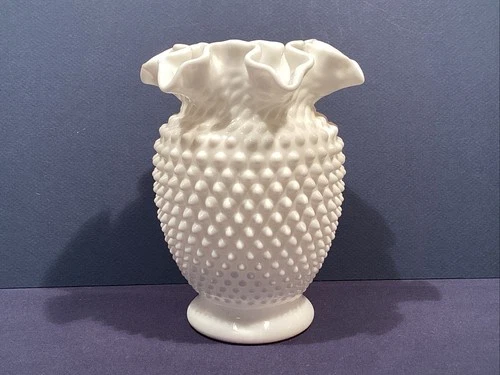 Fenton White Hobnail Milk Glass Double Crippled Vase 6” Mid Century Modern