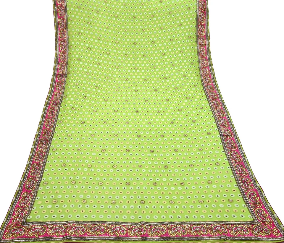 India Vintage Verde Pesado Novia Dupatta Pura Georgette Seda Bordada a Mano Foto 3 de 4